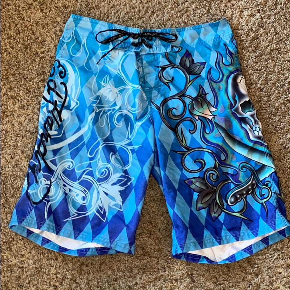 Blue designed swim trunks